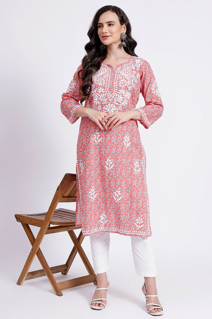 The Chikankari Story Hand-Embroidered Pure Cotton Printed Lucknowi Chikankari Kurta available in 4 subtle Colors