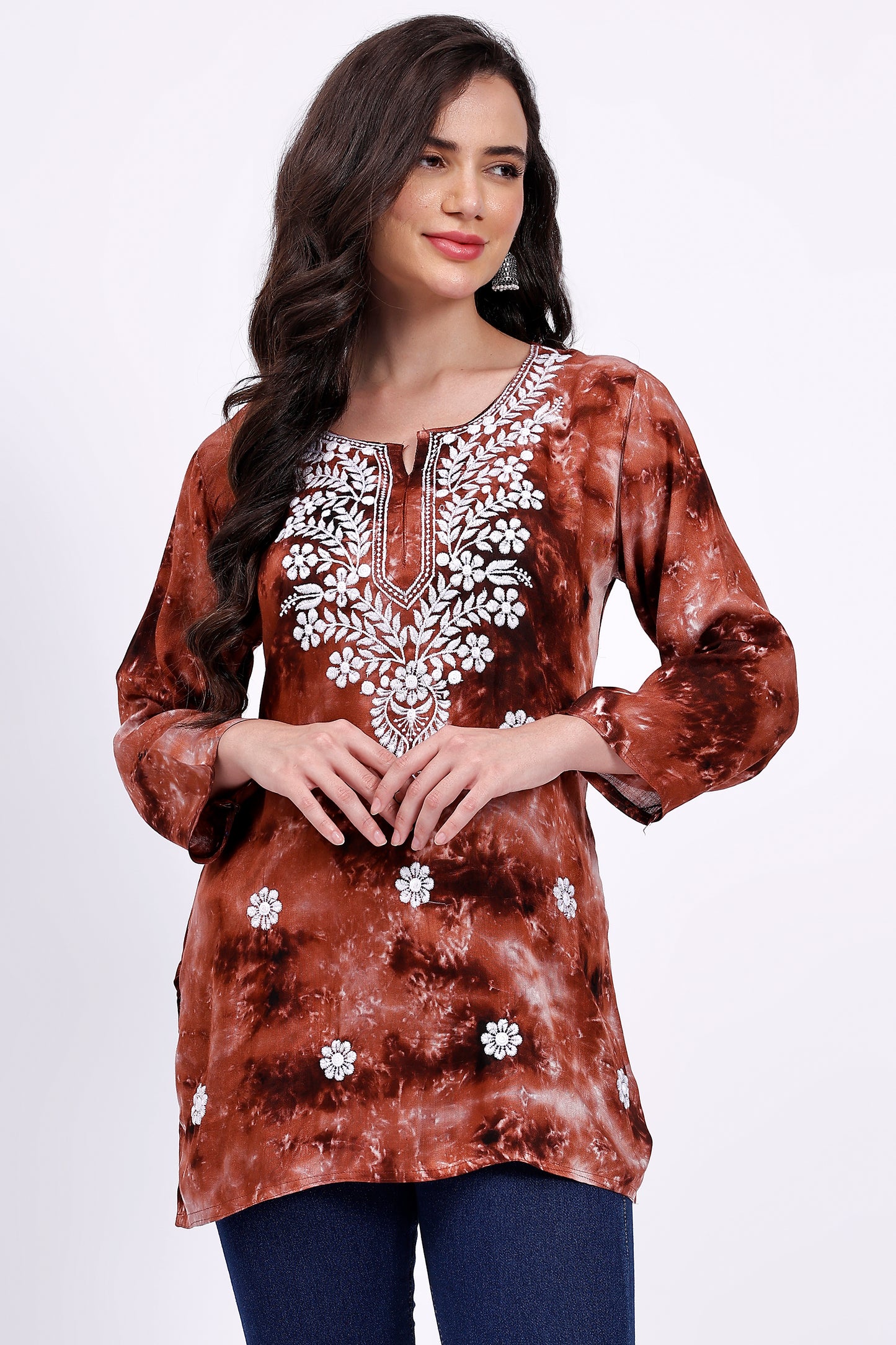 The Chikankari Story Embroidered Rayon Tie-Dyed Chikankari Brown short Kurti with 3D Embroidery.