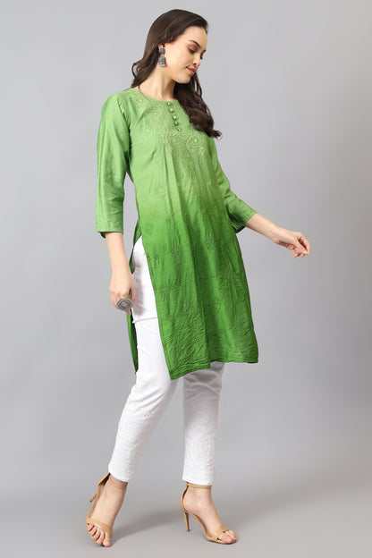 The chikankari story Pure Chanderi Embroidery Kurti - Exquisite Fine Embroidery in Ombre Shades of Red, Blue, and Green - Top Selling Elegant Women's Top.