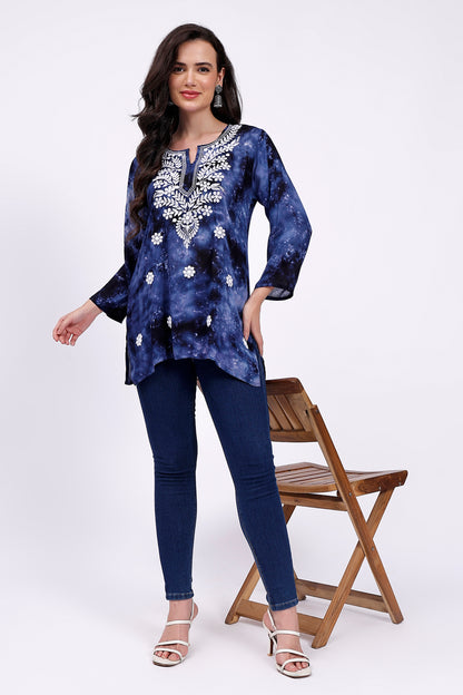 The Chikankari Story Embroidered Rayon Tie-Dyed Chikankari Blue  short Kurti  with 3D Embroidery.