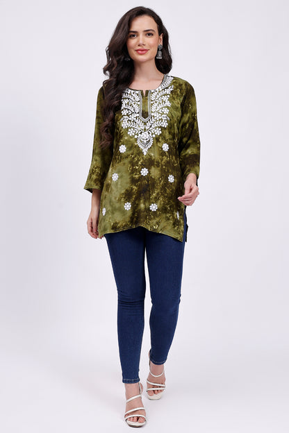 The Chikankari Story Embroidered Rayon Tie-Dyed Chikankari Green short Kurti with 3D Embroidery.