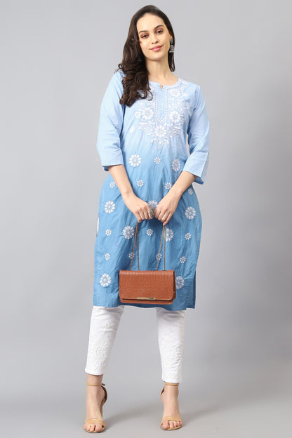 The chikankari story Pure Cotton Kurti for Women - Fine Chikan Kari Machine Embroidery in Ombre Shades of Purple, White, Yellow, Pink, and Blue.