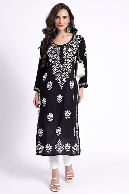 The Chikankari Story Hand-Embroidered Pure Modal Fabric Lucknowi Chikankari Black Kurta kurti having Traditional 3D Motifs Work.