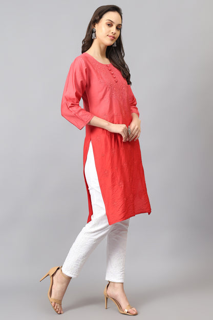 The chikankari story Pure Chanderi Embroidery Kurti - Exquisite Fine Embroidery in Ombre Shades of Red, Blue, and Green - Top Selling Elegant Women's Top.