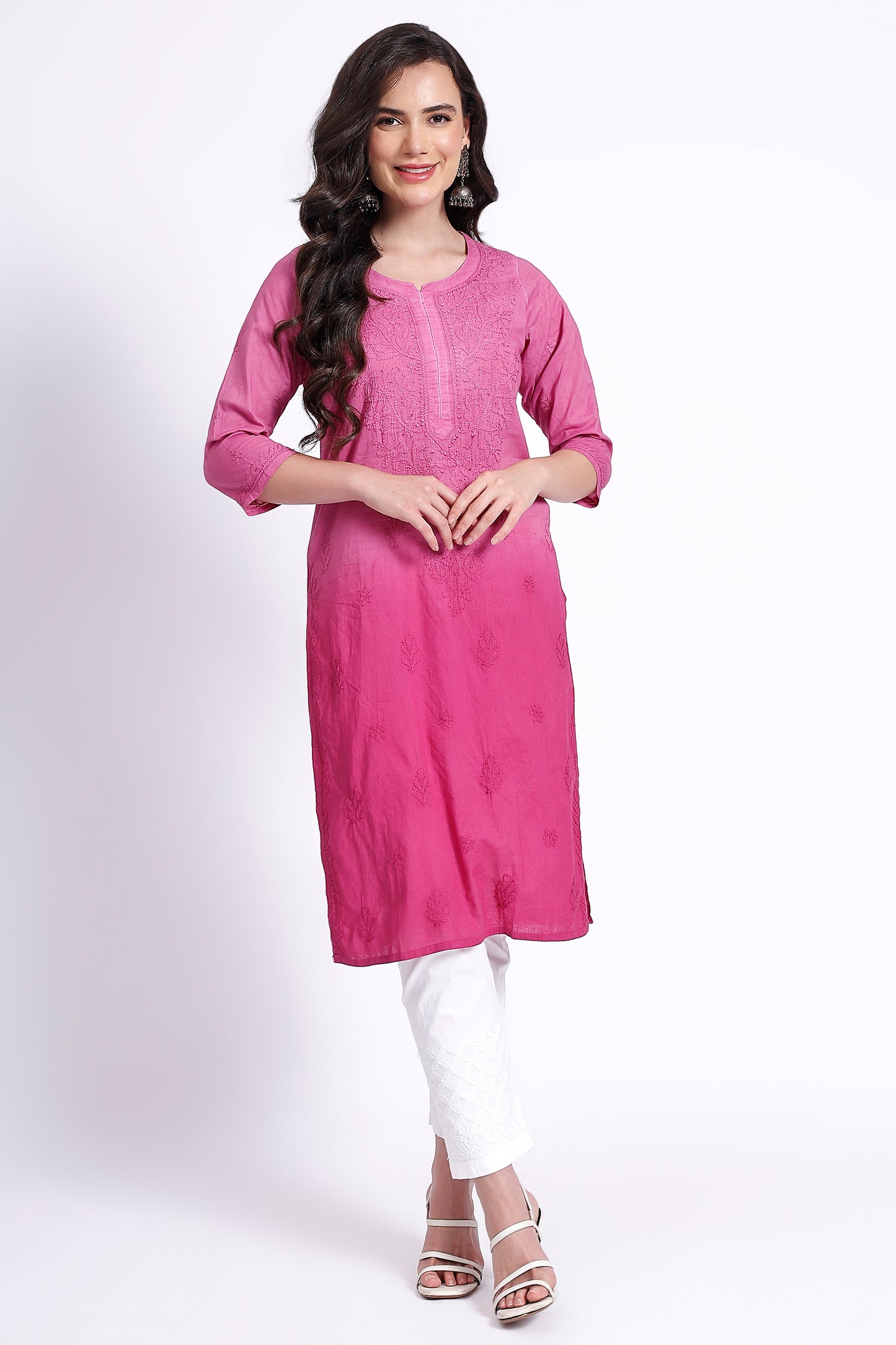 The Chikankari Story Hand-Embroidered Pure Cotton Pre-Dyed Lucknowi Chikankari Pink Kurta kurti having Traditional Bakhiya Work.