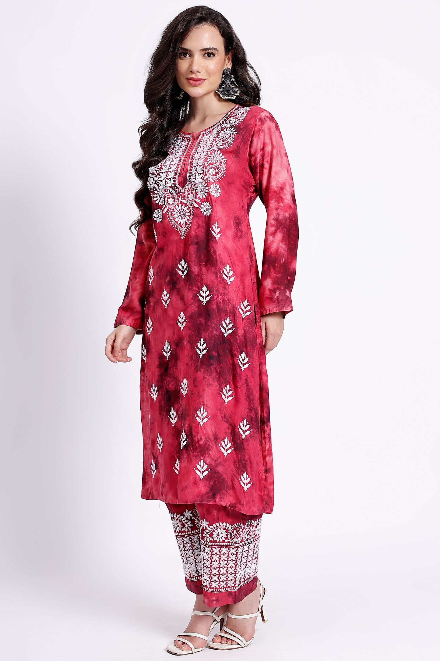 The Chikankari Story Embroidered Rayon Tie-Dyed Chikankari pink Kurti Plazzo set with 3D Embroidery.