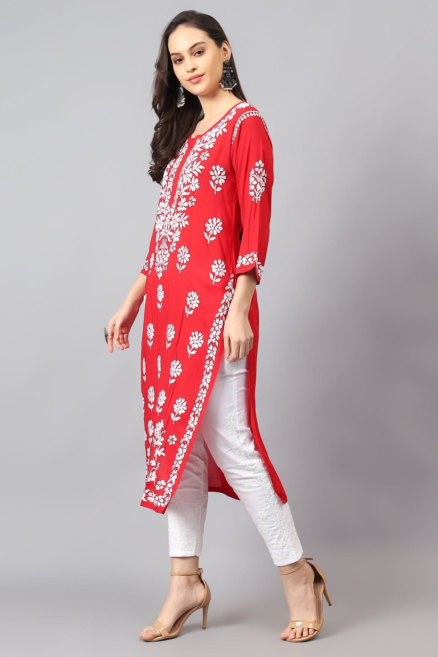 The Chikankari Story Hand-Embroidered Pure Modal Fabric Lucknowi Chikankari Black,Purple and Red Kurta kurti having Traditional 3D Motifs Work.