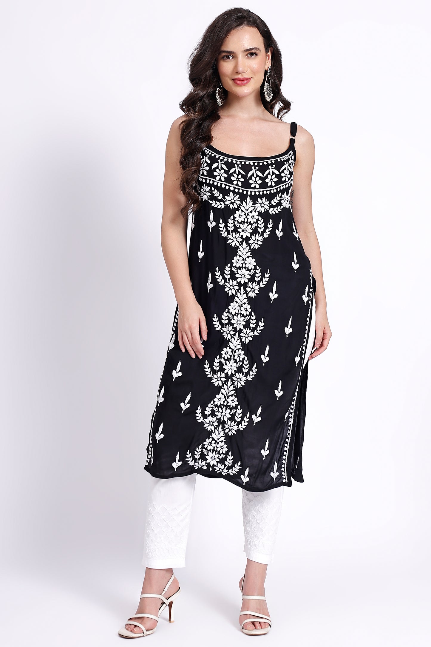 The Chikankari Story Hand-Embroidered Pure Modal Fabric Lucknowi Chikankari Noddle Strap Black Kurta kurti having Traditional 3D Motifs Work.