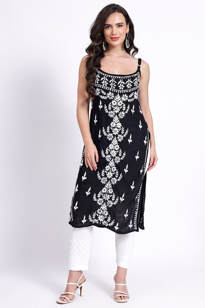 The Chikankari Story Hand-Embroidered Pure Modal Fabric Lucknowi Chikankari Noddle Strap Black Kurta kurti having Traditional 3D Motifs Work.