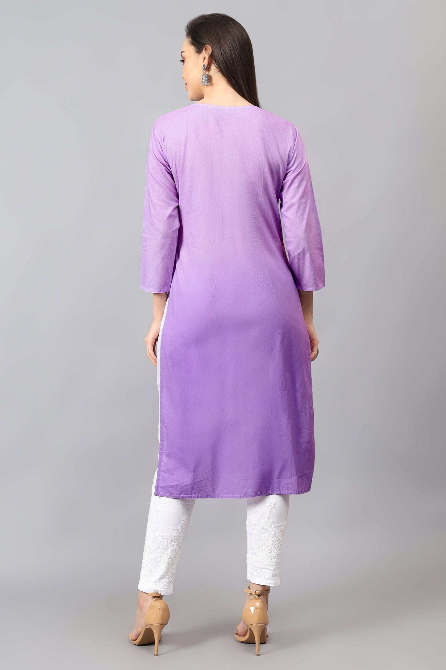 The chikankari story Pure Cotton Kurti for Women - Fine Chikan Kari Machine Embroidery in Ombre Shades of Purple, White, Yellow, Pink, and Blue.