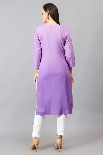 The chikankari story Pure Cotton Kurti for Women - Fine Chikan Kari Machine Embroidery in Ombre Shades of Purple, White, Yellow, Pink, and Blue.