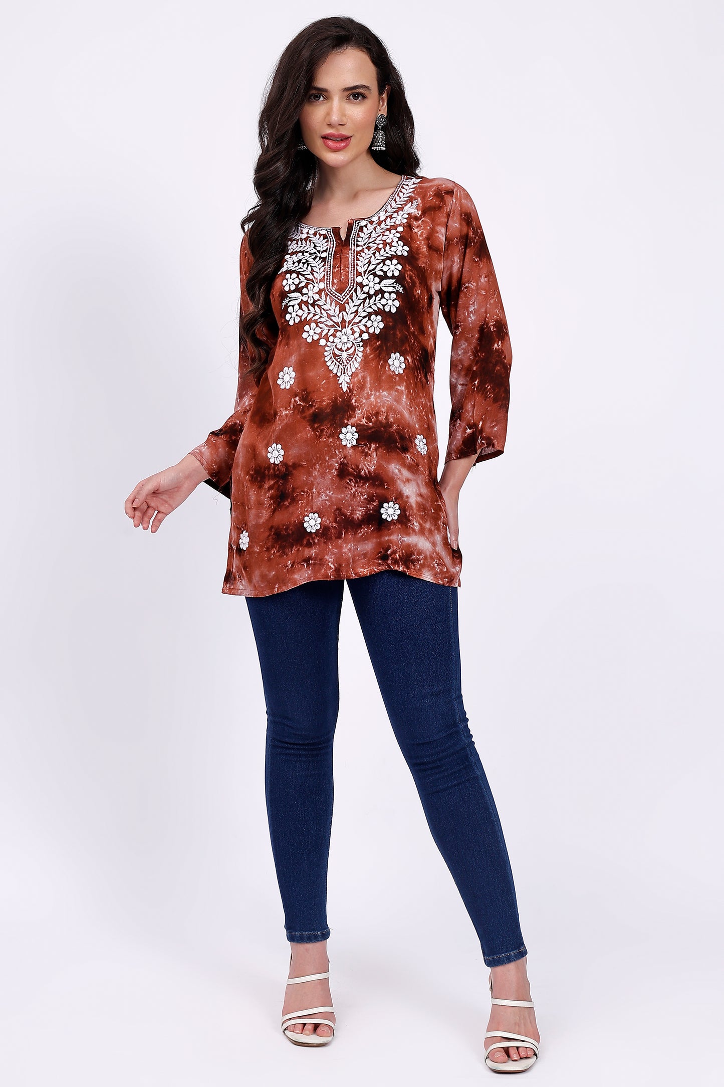 The Chikankari Story Embroidered Rayon Tie-Dyed Chikankari Brown short Kurti with 3D Embroidery.