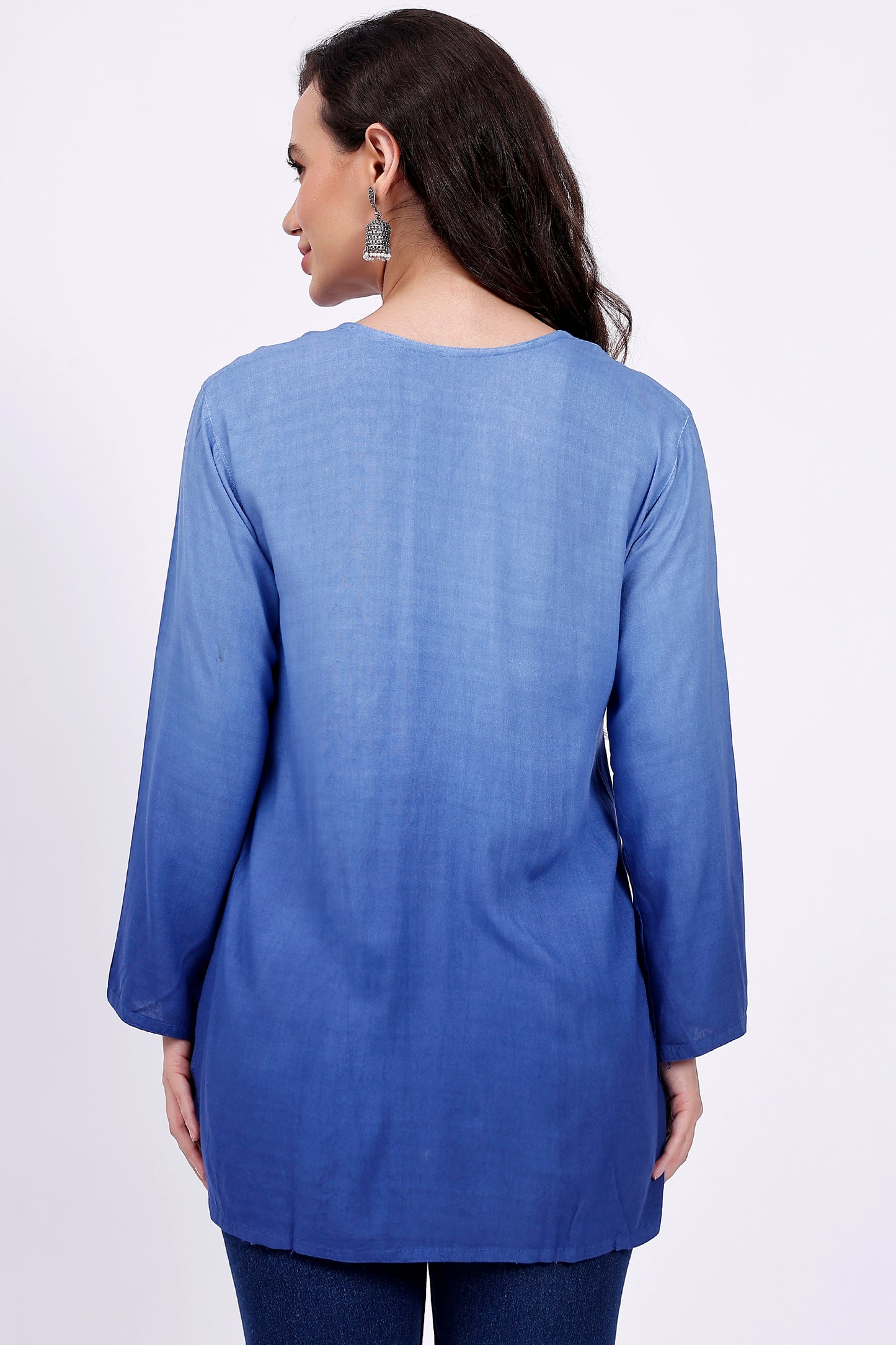 The Chikankari Story Elegant Blue Rayon Chikankari Kurti with Heavy Neck Embroidery – Short Length, Pre-Dyed Design.