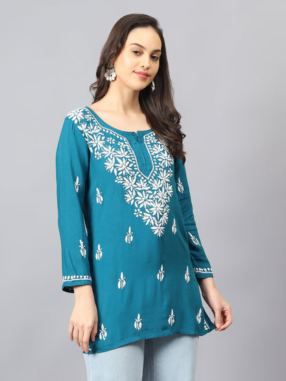 The Chikankari Story: Lucknowi Chikankari Hand Embroidery Cotton Rayon Short Kurti, Kurta, Top, and Tunic Collection in Deep Sea Green, Green Olive, Cool Blue, Black, and Grey