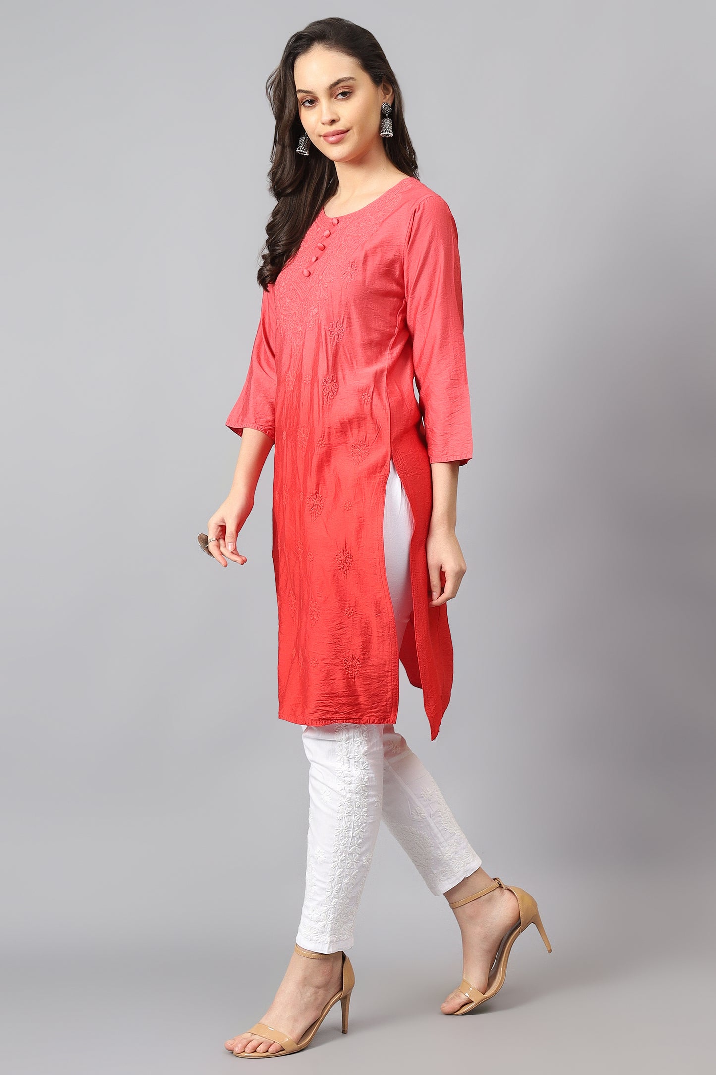 The chikankari story Pure Chanderi Embroidery Kurti - Exquisite Fine Embroidery in Ombre Shades of Red, Blue, and Green - Top Selling Elegant Women's Top.