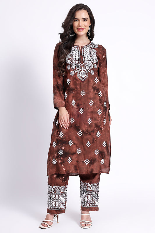 The Chikankari Story Embroidered  Rayon Tie-Dyed  Chikankari Brown Kurti plazzo set having bollywood 3D Embroidery.