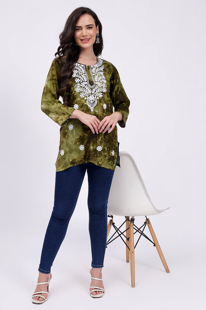 The Chikankari Story Embroidered Rayon Tie-Dyed Chikankari Green short Kurti with 3D Embroidery.