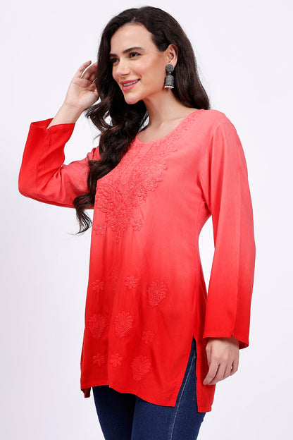 The Chikankari Story Elegant Red Rayon Chikankari Kurti with Heavy Neck Embroidery – Short Length, Pre-Dyed Design.