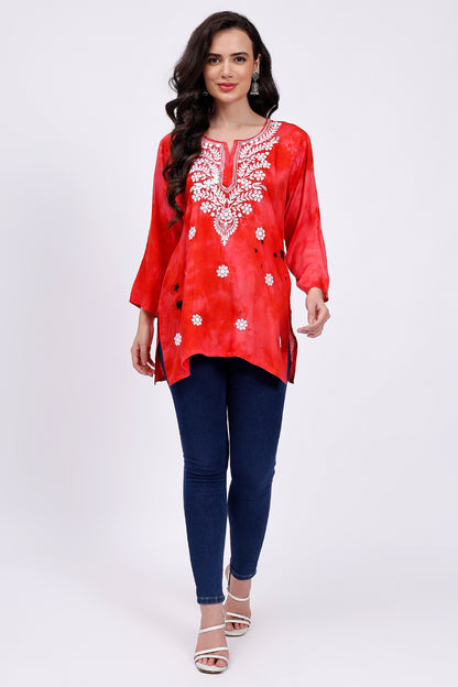 The Chikankari Story Embroidered Rayon Tie-Dyed Chikankari Red short Kurti with 3D Embroidery.