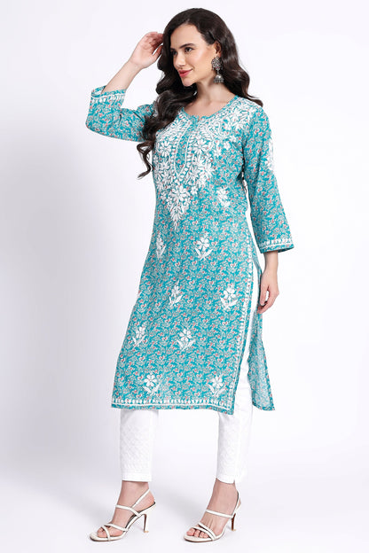 The Chikankari Story Hand-Embroidered Pure Cotton Printed Lucknowi Chikankari Kurta available in 4 subtle Colors