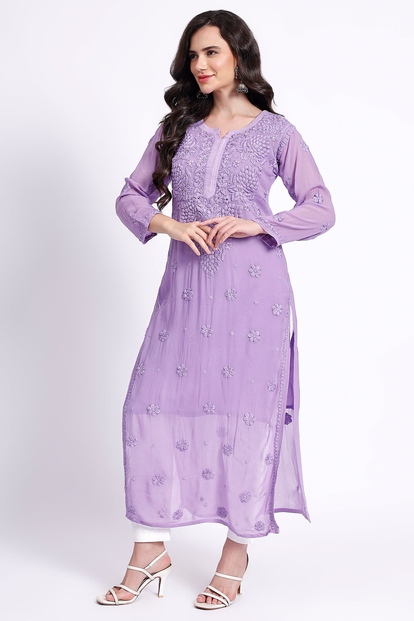 The Chikankari Story Hand-Embroidered Pure Lillac Georgette Fabric Lucknowi Chikankari light purple Kurta kurti having Traditional 3D Hand Work & Mukaish Embellishments.