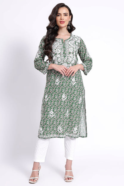 The Chikankari Story Hand-Embroidered Pure Cotton Printed Lucknowi Chikankari Kurta available in 4 subtle Colors