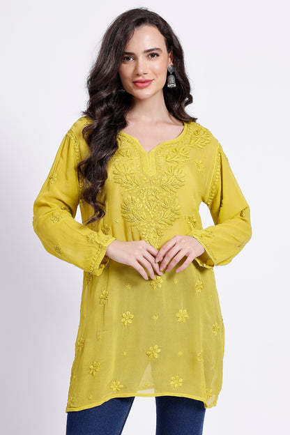 The Chikankari Story Elegant Yellow Viscose Georgette Chikankari hand embroidery 3D work Kurti with Heavy Neck Embroidery – Short Length kurti kurta.