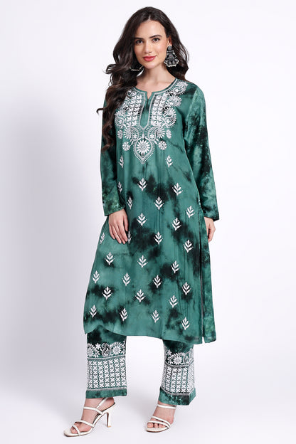 The Chikankari Story Embroidered Rayon Tie-Dyed Chikankari Green Kurti plazzo set having bollywood 3D Embroidery.