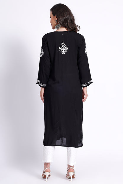 The Chikankari Story Hand-Embroidered Pure Modal Fabric Lucknowi Chikankari Black Kurta kurti having Traditional 3D Motifs Work.