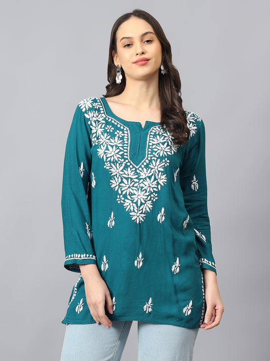 Lucknowi Chikankari Hand Embroidery Cotton Rayon Short Kurti, Kurta, Top, and Tunic Collection in Deep Sea Green, Green Olive, Cool Blue, Black, and Grey.