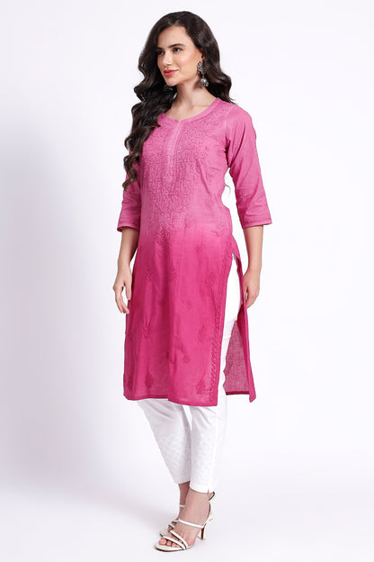 The Chikankari Story Hand-Embroidered Pure Cotton Pre-Dyed Lucknowi Chikankari Pink Kurta kurti having Traditional Bakhiya Work.