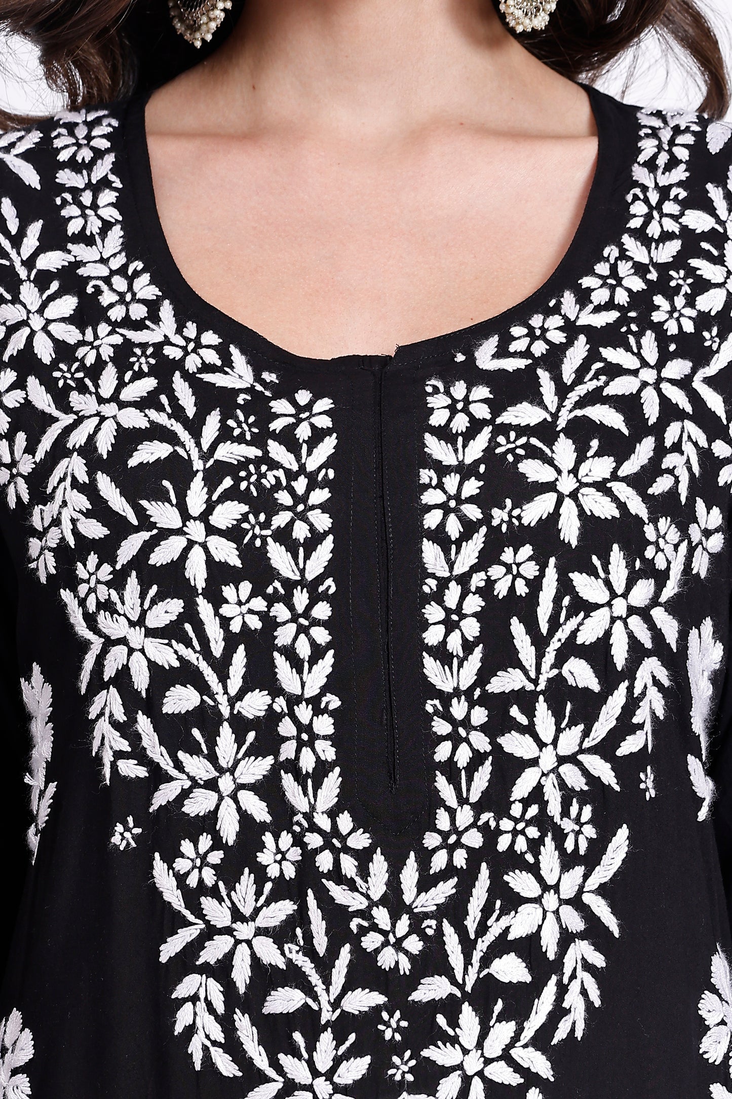 The Chikankari Story Hand-Embroidered Pure Modal Fabric Lucknowi Chikankari Black Kurta kurti having Traditional 3D Motifs Work.