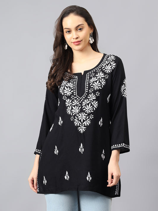 Lucknowi Chikankari Hand Embroidery Cotton Rayon Short Kurti, Kurta, Top, and Tunic Collection in Deep Sea Green, Green Olive, Cool Blue, Black, and Grey.