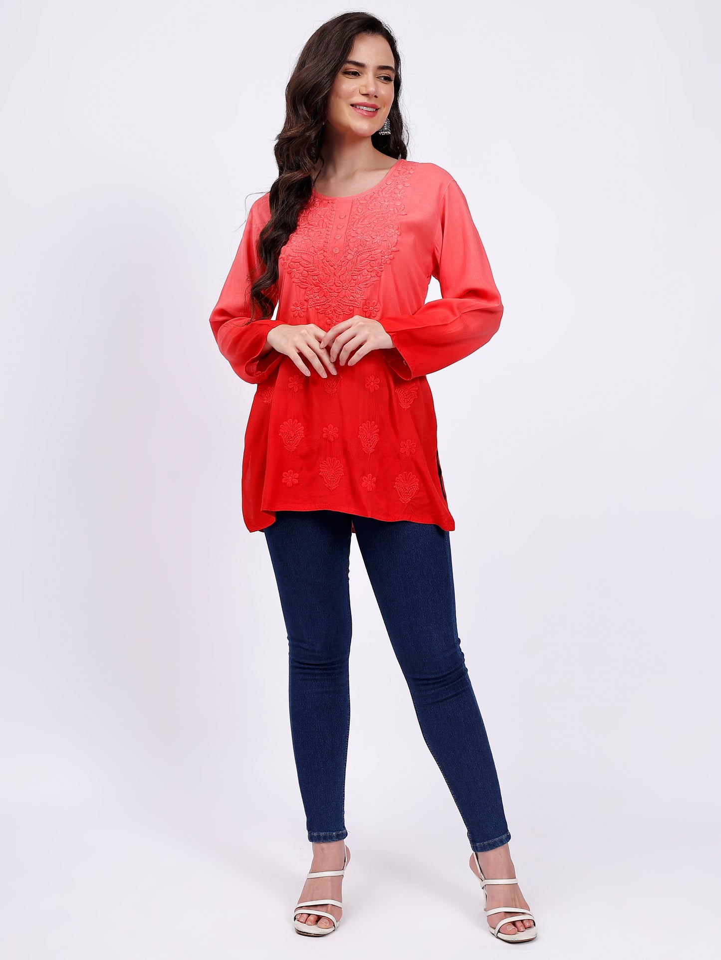 The Chikankari Story Elegant Red Rayon Chikankari Kurti with Heavy Neck Embroidery – Short Length, Pre-Dyed Design.