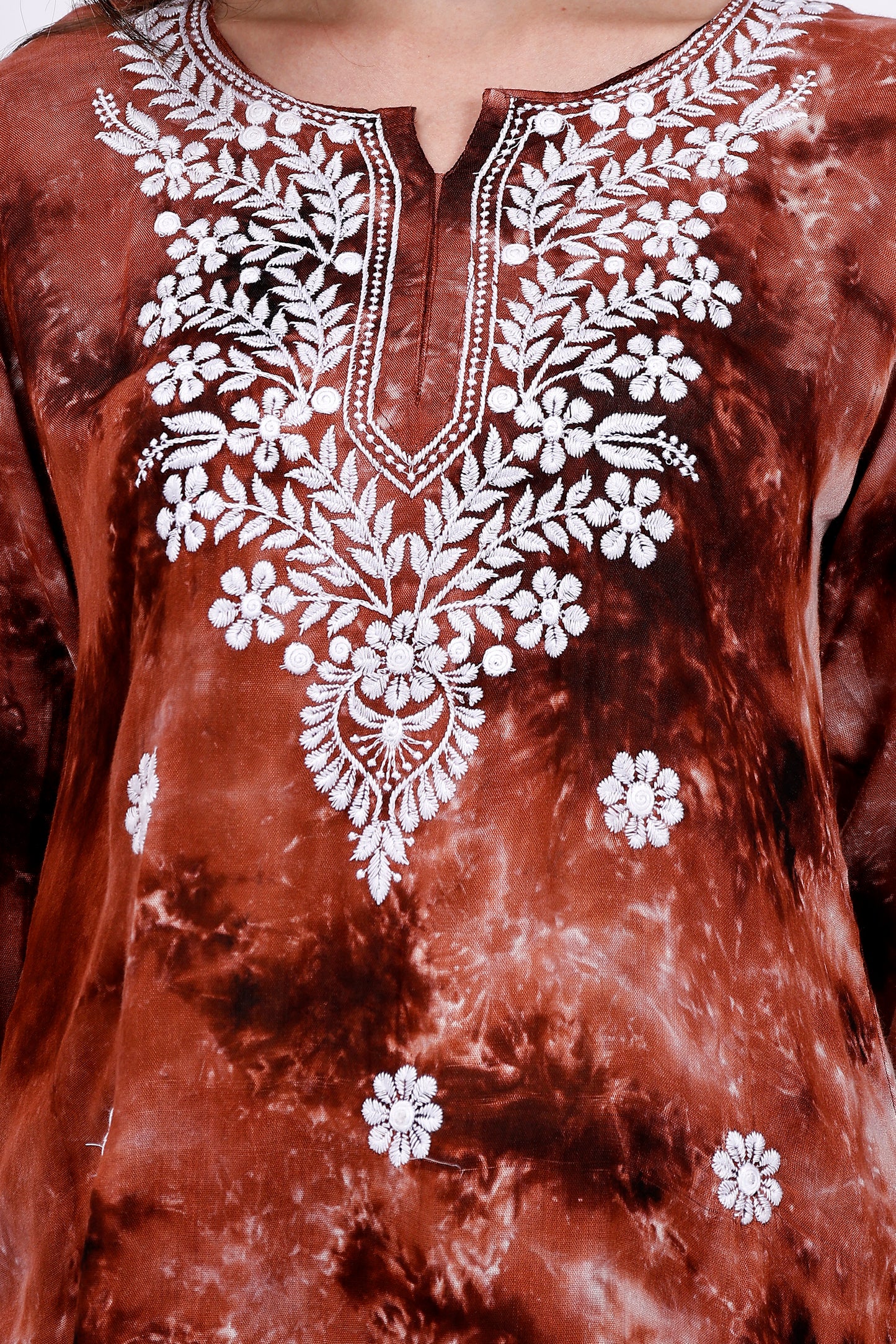 The Chikankari Story Embroidered Rayon Tie-Dyed Chikankari Brown short Kurti with 3D Embroidery.