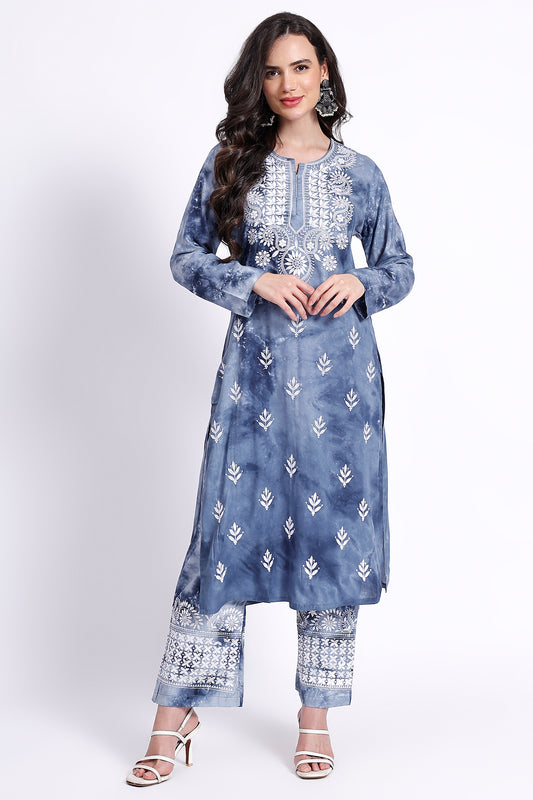 The Chikankari Story Embroidered Rayon Tie-Dyed Chikankari Blue Kurti plazzo set having bollywood 3D Embroidery.