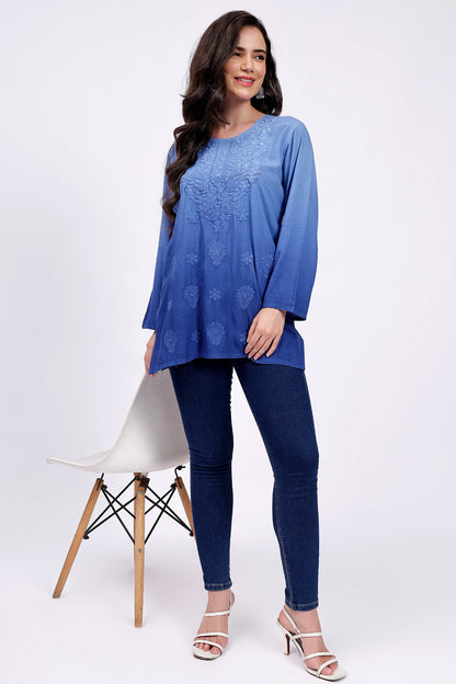 The Chikankari Story Elegant Blue Rayon Chikankari Kurti with Heavy Neck Embroidery – Short Length, Pre-Dyed Design.