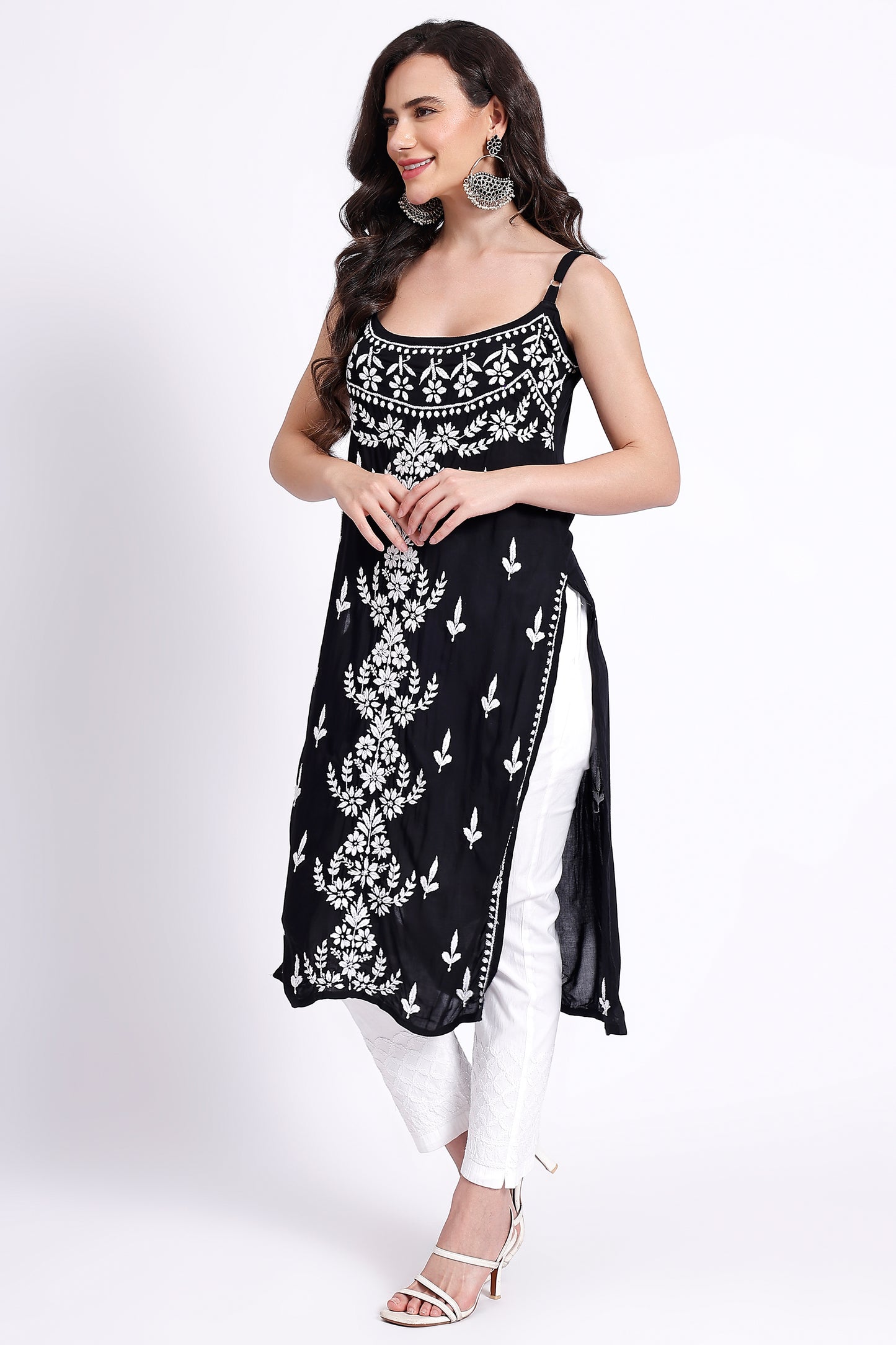 The Chikankari Story Hand-Embroidered Pure Modal Fabric Lucknowi Chikankari Noddle Strap Black Kurta kurti having Traditional 3D Motifs Work.