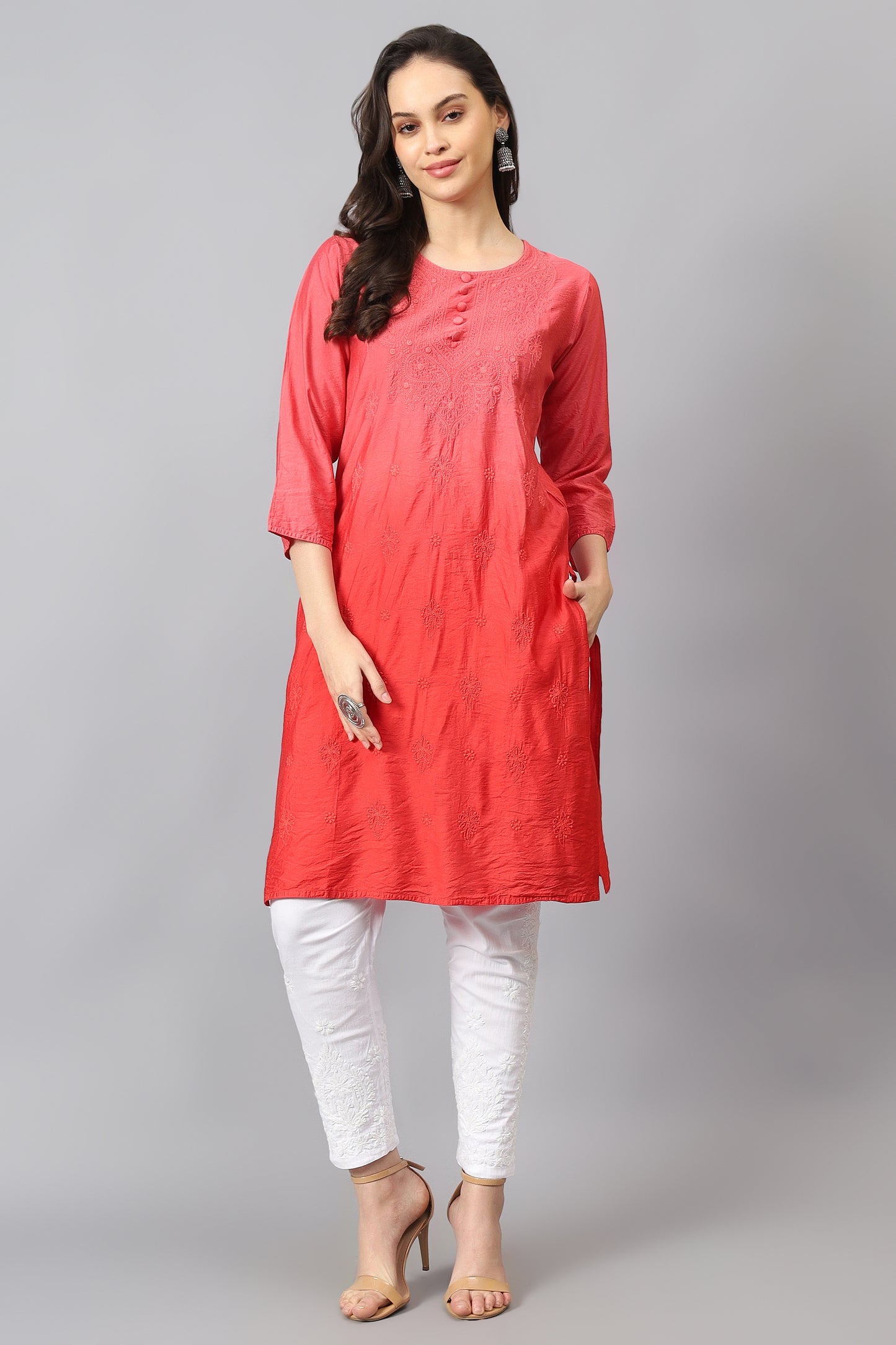 The chikankari story Pure Chanderi Embroidery Kurti - Exquisite Fine Embroidery in Ombre Shades of Red, Blue, and Green - Top Selling Elegant Women's Top.