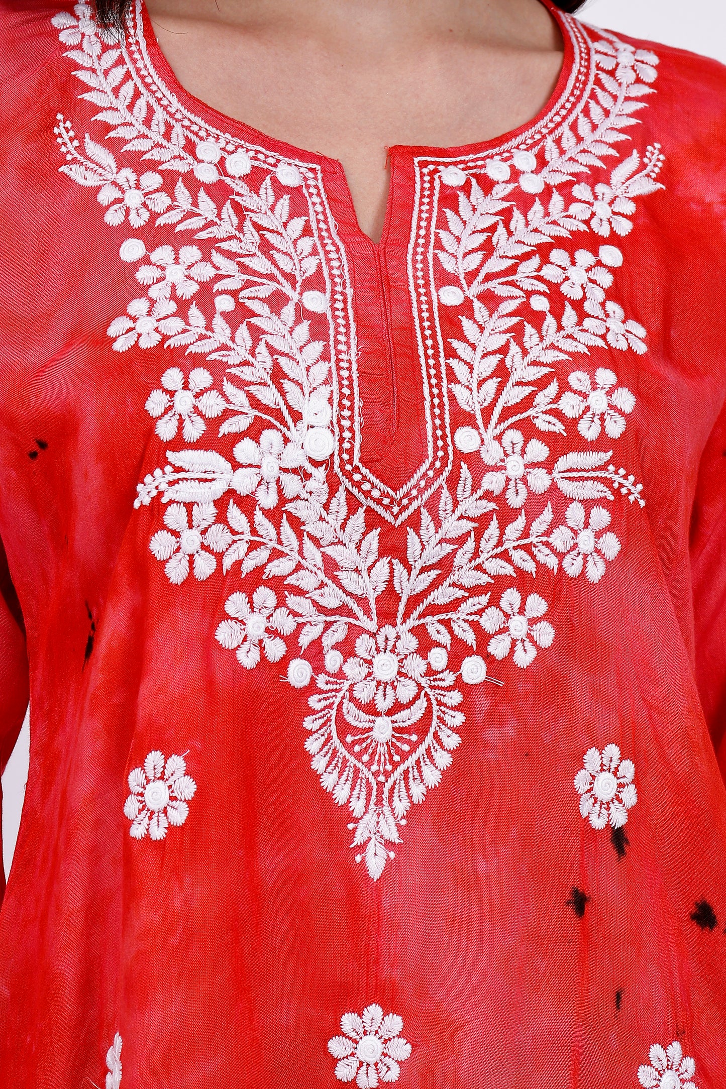 The Chikankari Story Embroidered Rayon Tie-Dyed Chikankari Red short Kurti with 3D Embroidery.