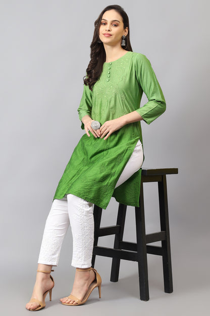 The chikankari story Pure Chanderi Embroidery Kurti - Exquisite Fine Embroidery in Ombre Shades of Red, Blue, and Green - Top Selling Elegant Women's Top.