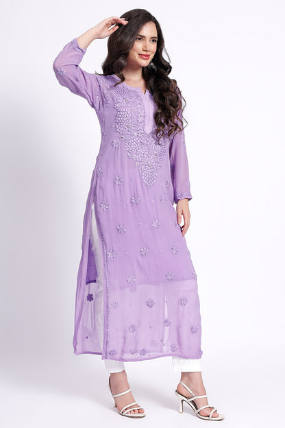 The Chikankari Story Hand-Embroidered Pure Lillac Georgette Fabric Lucknowi Chikankari light purple Kurta kurti having Traditional 3D Hand Work & Mukaish Embellishments.