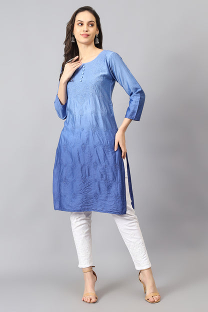 The chikankari story Pure Chanderi Embroidery Kurti - Exquisite Fine Embroidery in Ombre Shades of Red, Blue, and Green - Top Selling Elegant Women's Top.