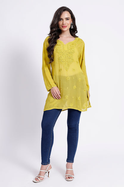 The Chikankari Story Elegant Yellow Viscose Georgette Chikankari hand embroidery 3D work Kurti with Heavy Neck Embroidery – Short Length kurti kurta.