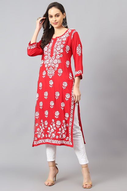 The Chikankari Story Hand-Embroidered Pure Modal Fabric Lucknowi Chikankari Black,Purple and Red Kurta kurti having Traditional 3D Motifs Work.