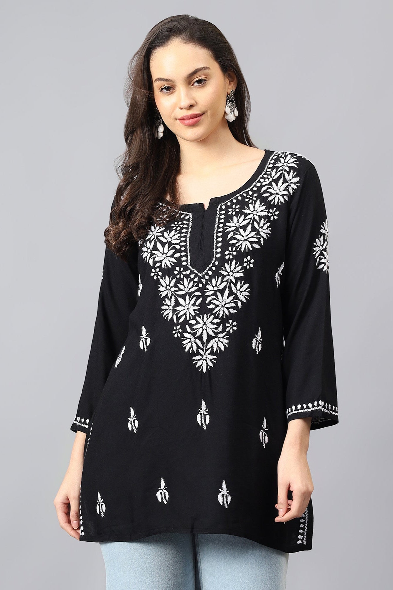 The Chikankari Story: Lucknowi Chikankari Hand Embroidery Cotton Rayon Short Kurti, Kurta, Top, and Tunic Collection in Deep Sea Green, Green Olive, Cool Blue, Black, and Grey