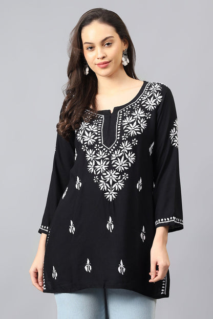 The Chikankari Story: Lucknowi Chikankari Hand Embroidery Cotton Rayon Short Kurti, Kurta, Top, and Tunic Collection in Deep Sea Green, Green Olive, Cool Blue, Black, and Grey