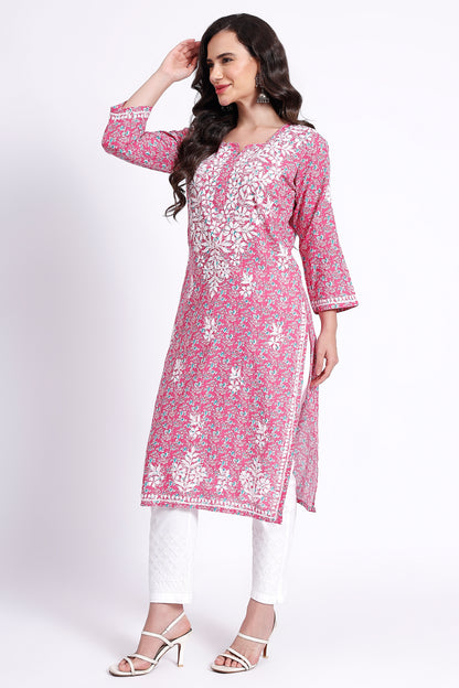 The Chikankari Story Hand-Embroidered Pure Cotton Printed Lucknowi Chikankari Kurta available in 4 subtle Colors