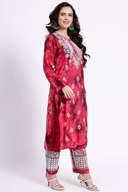 The Chikankari Story Embroidered Rayon Tie-Dyed Chikankari pink Kurti Plazzo set with 3D Embroidery.