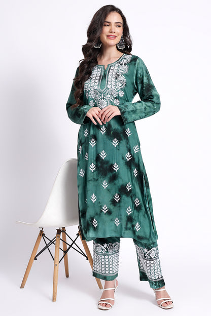 The Chikankari Story Embroidered Rayon Tie-Dyed Chikankari Green Kurti plazzo set having bollywood 3D Embroidery.